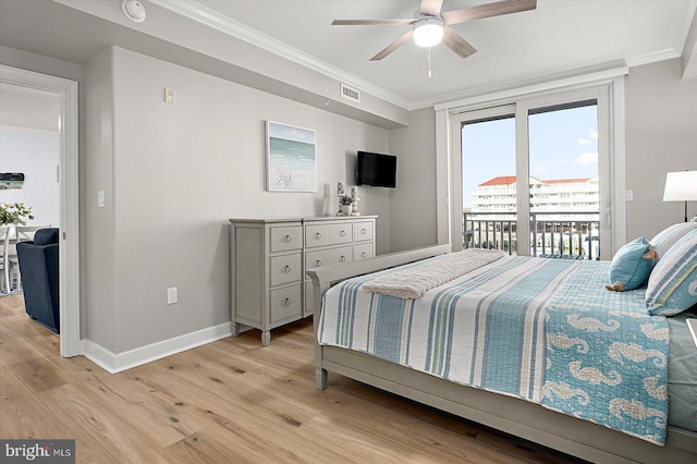 bedroom with ornamental molding, ceiling fan, access to exterior, and light hardwood / wood-style floors