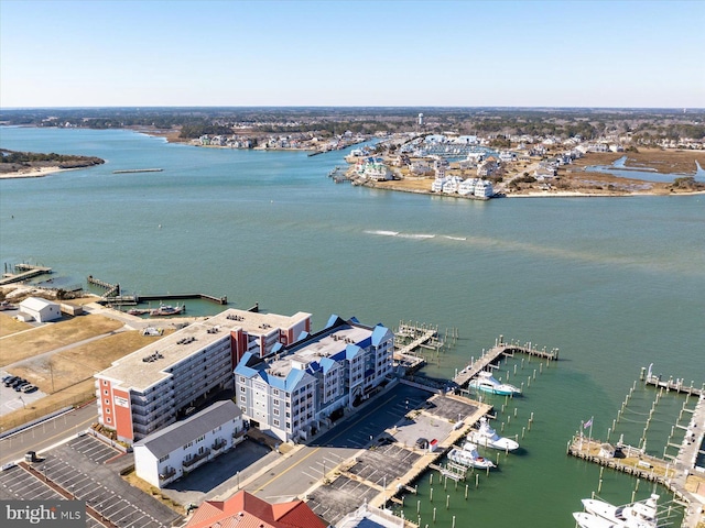 drone / aerial view featuring a water view