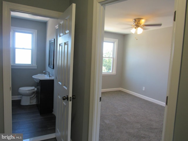 bathroom featuring ceiling fan, vanity, and toilet