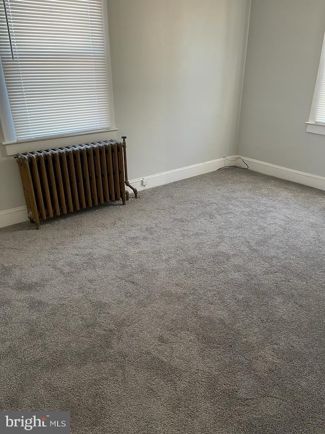 empty room featuring radiator heating unit, carpet, and plenty of natural light