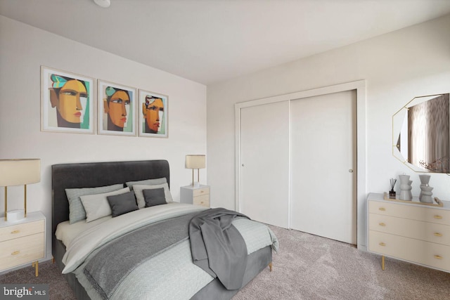 bedroom featuring light colored carpet and a closet