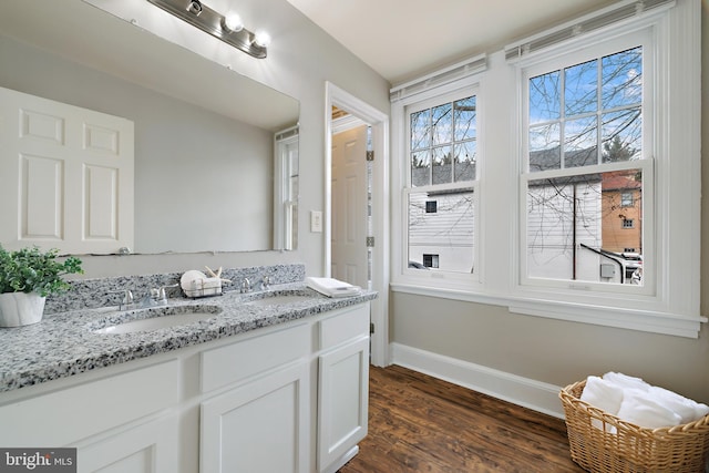 bathroom featuring vanity and wood-type flooring