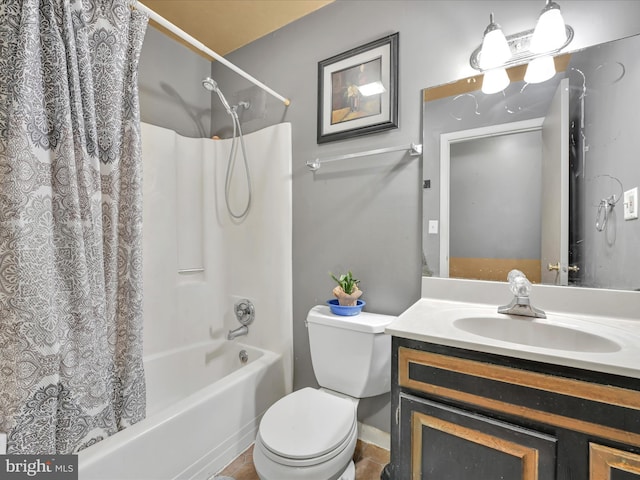 bathroom featuring shower / bath combination with curtain, vanity, and toilet