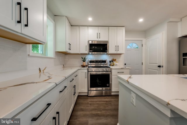 kitchen with white cabinetry, a wealth of natural light, tasteful backsplash, and stainless steel appliances