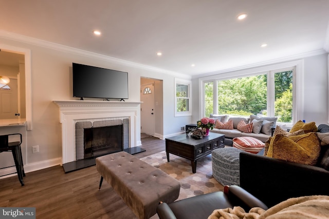 living room with hardwood / wood-style flooring, ornamental molding, and a fireplace