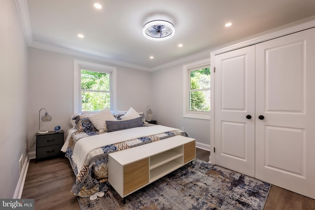 bedroom featuring multiple windows, dark wood-type flooring, and ornamental molding