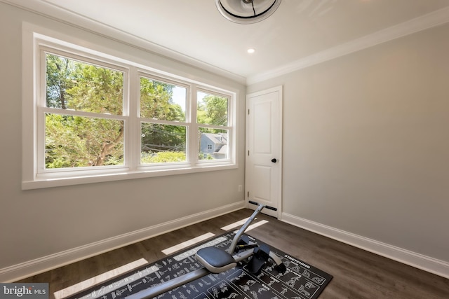 exercise room featuring dark wood-type flooring, crown molding, and a wealth of natural light