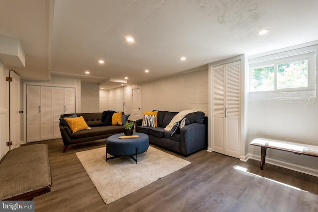 living room featuring dark wood-type flooring