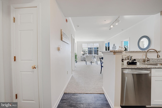 interior space featuring sink, crown molding, track lighting, and dark colored carpet