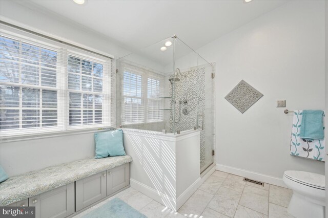 full bath with a stall shower, baseboards, visible vents, marble finish floor, and recessed lighting