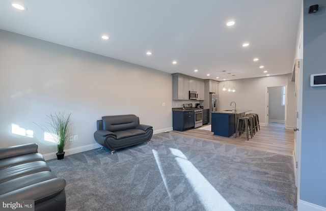 living room featuring sink and carpet floors