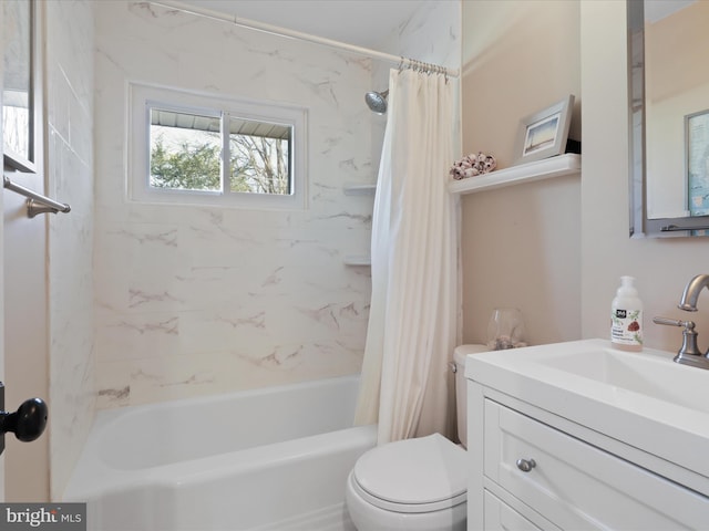 full bathroom with vanity, toilet, and shower / bath combo with shower curtain