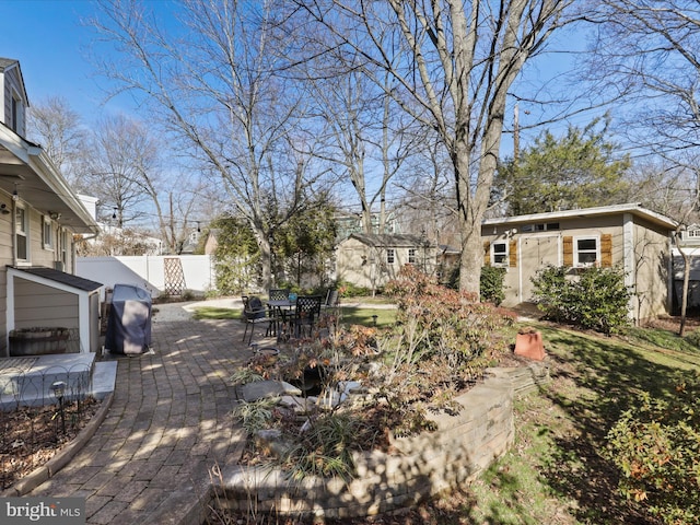 view of yard with a patio area and a storage unit