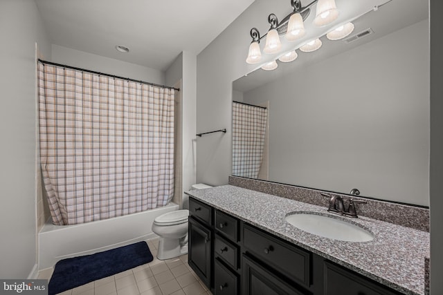 full bathroom with vanity, tile patterned floors, toilet, and shower / tub combo with curtain