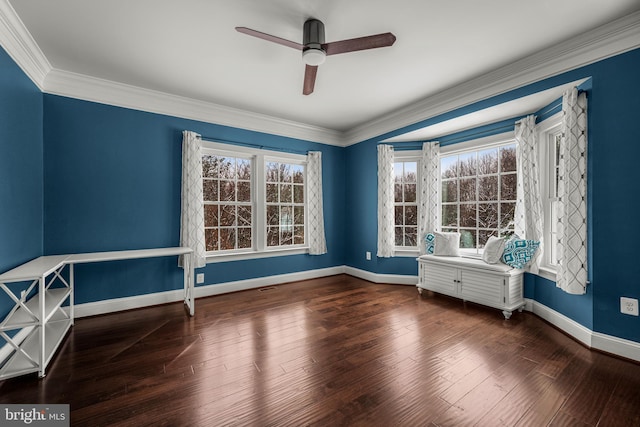 unfurnished room with hardwood / wood-style flooring, ceiling fan, and crown molding