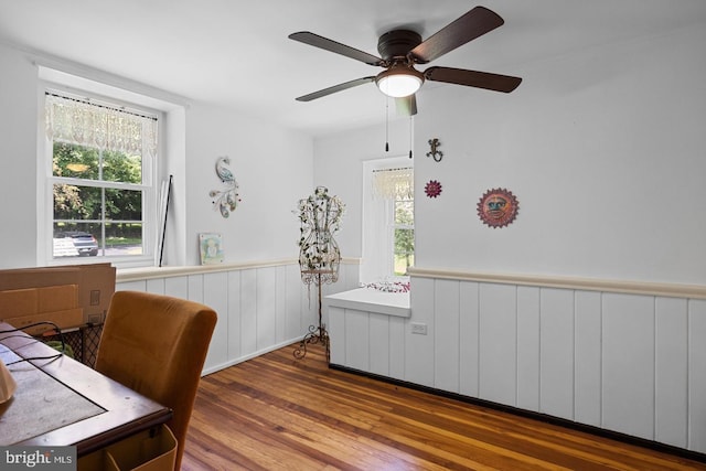 office area with hardwood / wood-style floors, a wealth of natural light, and ceiling fan