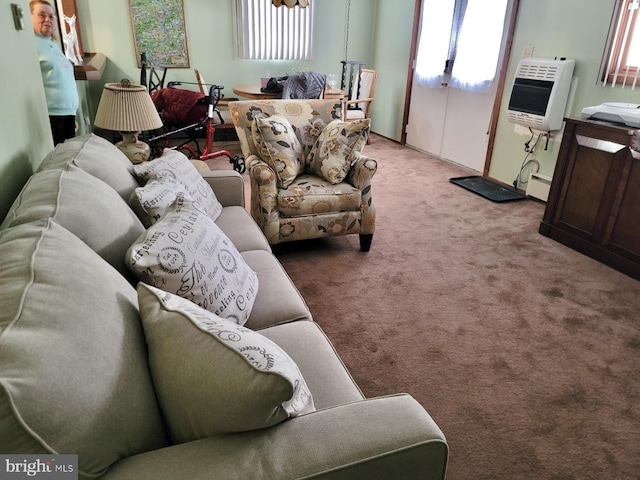 living room with carpet flooring and heating unit