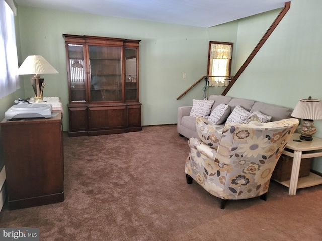 living room with dark colored carpet