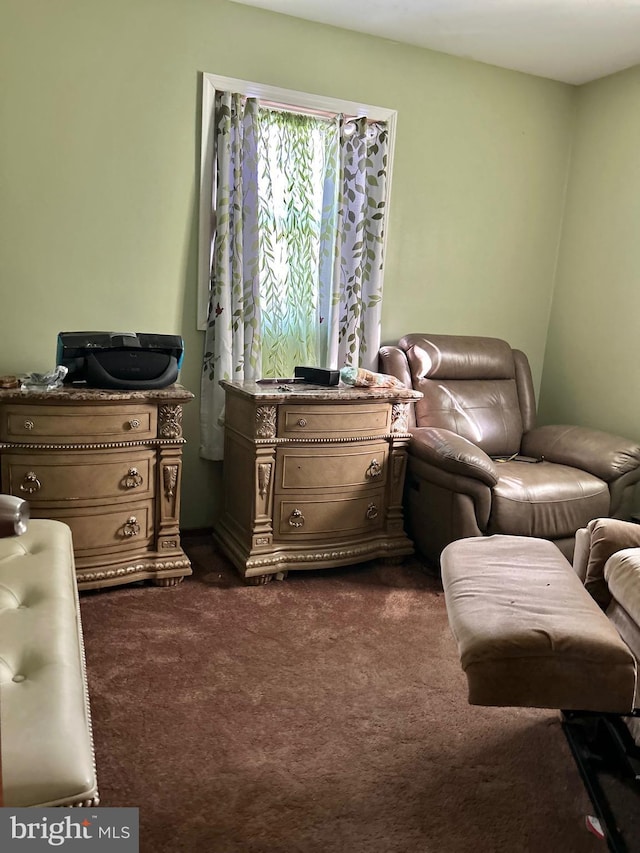 sitting room with dark colored carpet