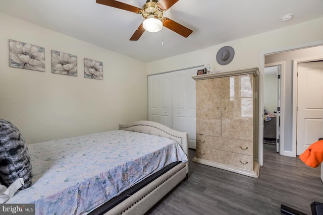 bedroom featuring dark wood-type flooring, ceiling fan, and a closet