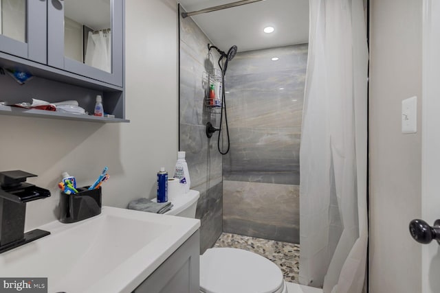 bathroom with vanity, toilet, and a shower with shower curtain