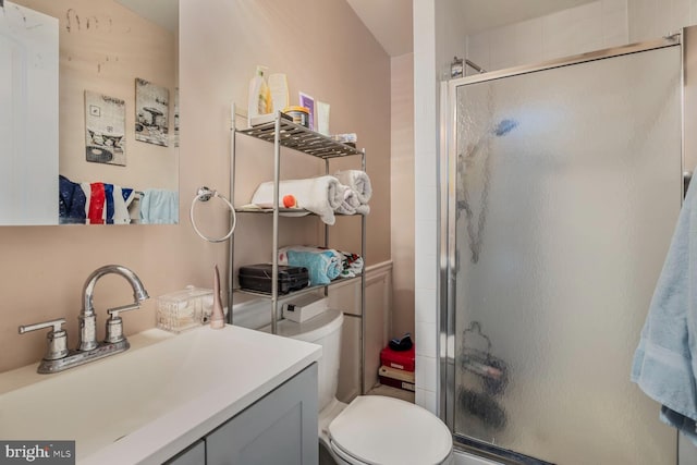 bathroom with vanity, an enclosed shower, and toilet