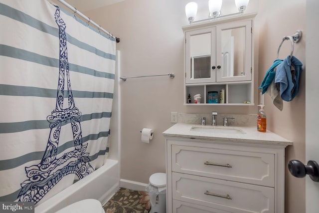 full bathroom with vanity, shower / bathtub combination with curtain, and toilet