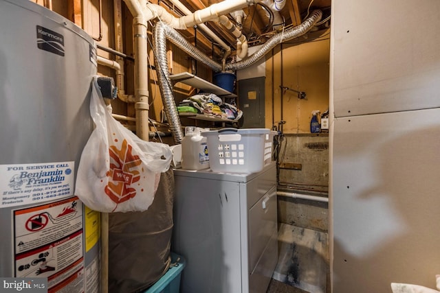 utility room featuring gas water heater, washer / dryer, and electric panel