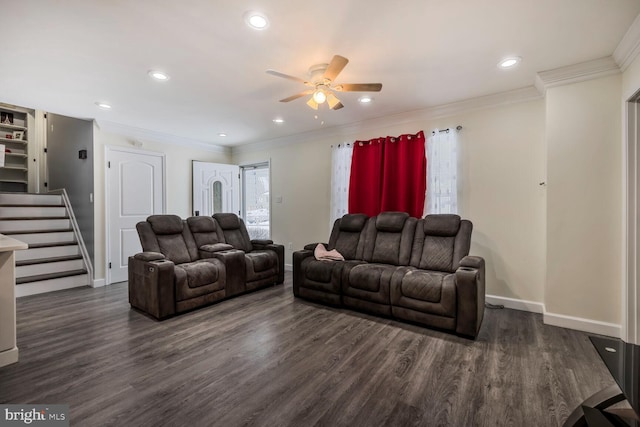 living room featuring crown molding, ceiling fan, and dark hardwood / wood-style flooring