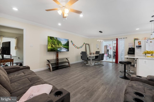 living room featuring crown molding, dark wood-type flooring, and ceiling fan