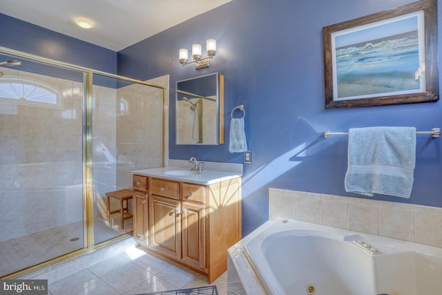 bathroom with vanity, tile patterned flooring, and separate shower and tub