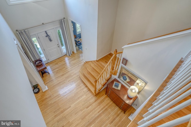 entryway with hardwood / wood-style flooring and a high ceiling