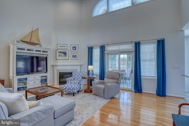 living room with light hardwood / wood-style flooring and a high ceiling