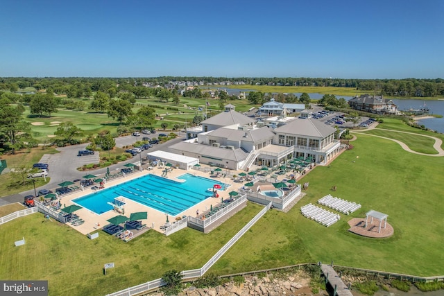 aerial view featuring a water view