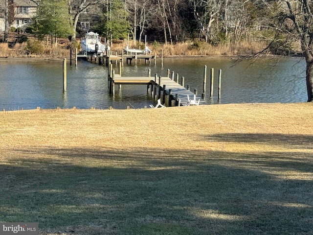 dock area featuring a water view and a lawn