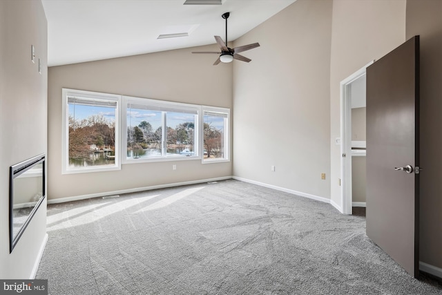 interior space featuring high vaulted ceiling and ceiling fan