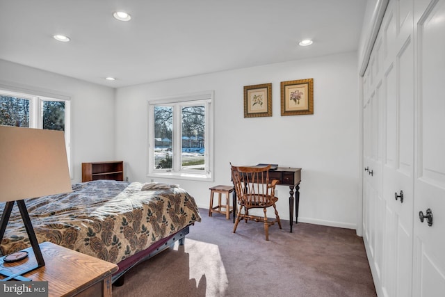 carpeted bedroom with a closet