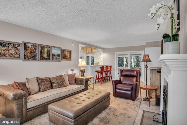 living room with light hardwood / wood-style floors and a textured ceiling