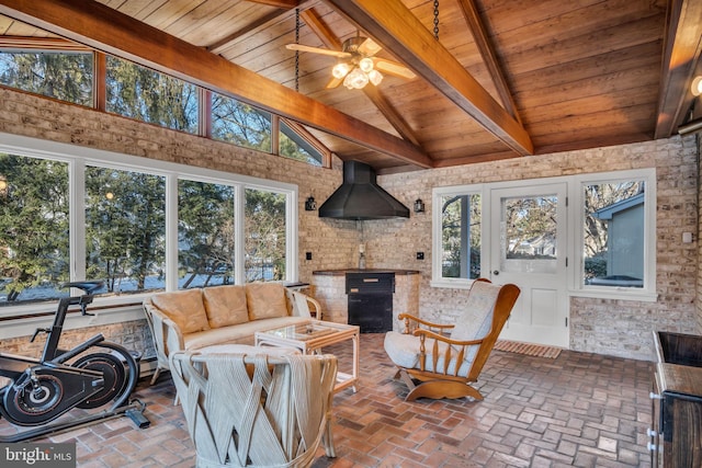 living room featuring lofted ceiling with beams, ceiling fan, and wood ceiling