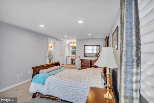 bedroom with ornamental molding and light colored carpet