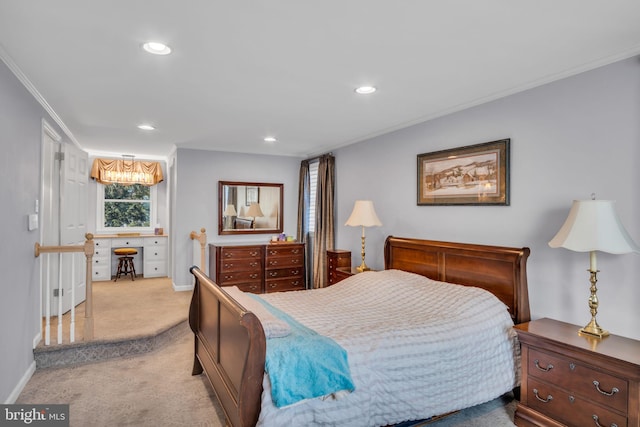 carpeted bedroom with crown molding