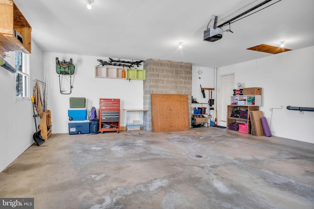 garage featuring a garage door opener and a workshop area