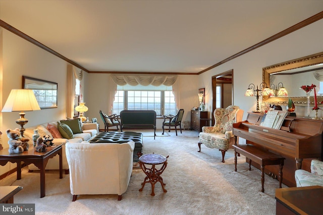 living room with ornamental molding and light carpet