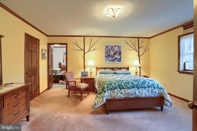 bedroom with crown molding and light colored carpet