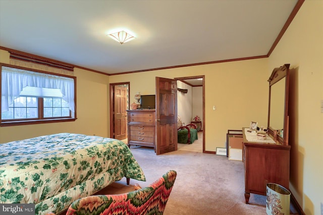 carpeted bedroom with ornamental molding