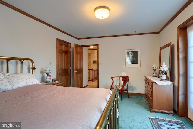 bedroom featuring light carpet and crown molding