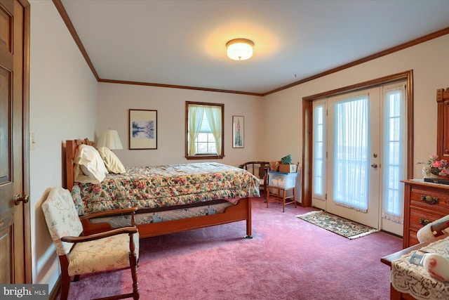 bedroom featuring ornamental molding, carpet flooring, and access to outside