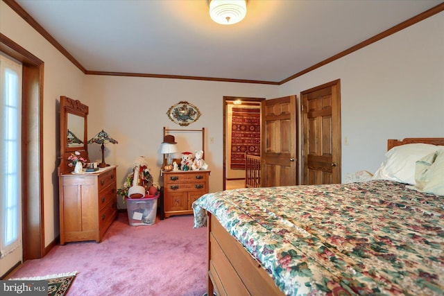 carpeted bedroom with crown molding