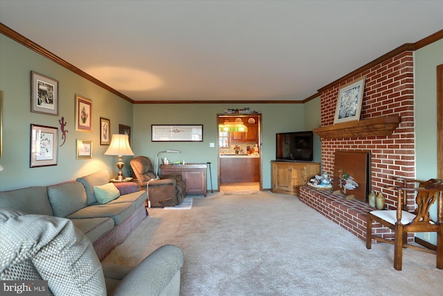 living room featuring a brick fireplace, ornamental molding, and light colored carpet