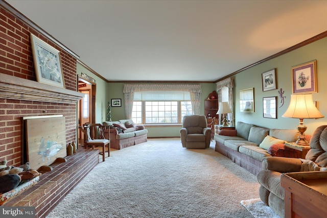 carpeted living room featuring crown molding and a brick fireplace